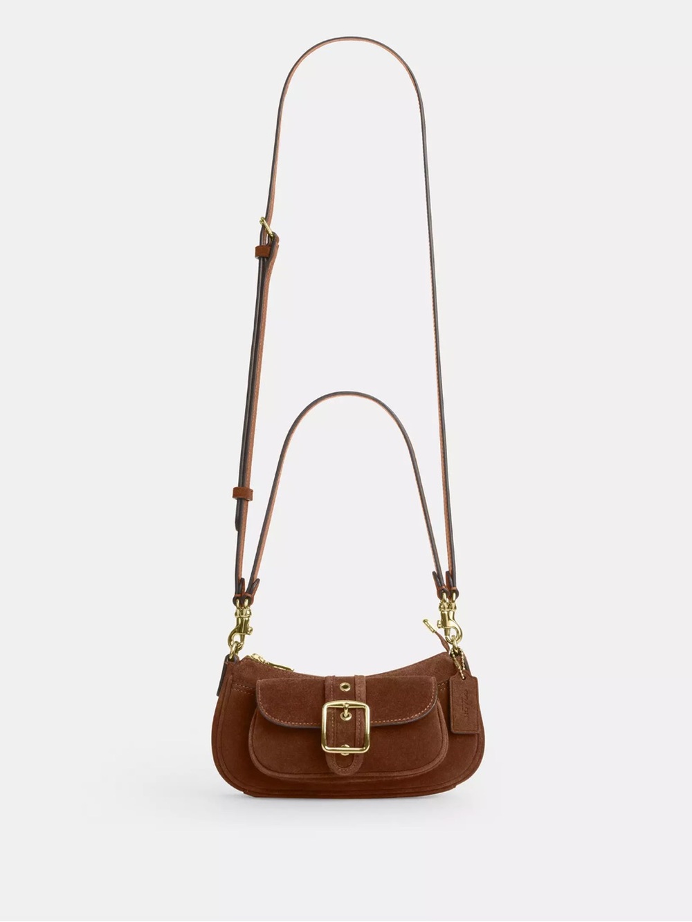 COACH 3-in-1 Mini Ashton Brown Suede Shoulder Bag with Gold Buckle
